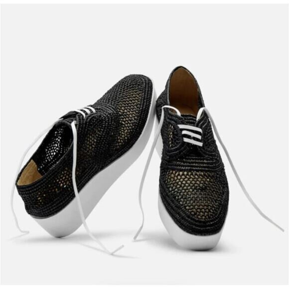 Robert Clergerie Lisa Platform Black Raffia Shoe Sneaker Derby Size 37.5 Boho - Picture 1 of 11